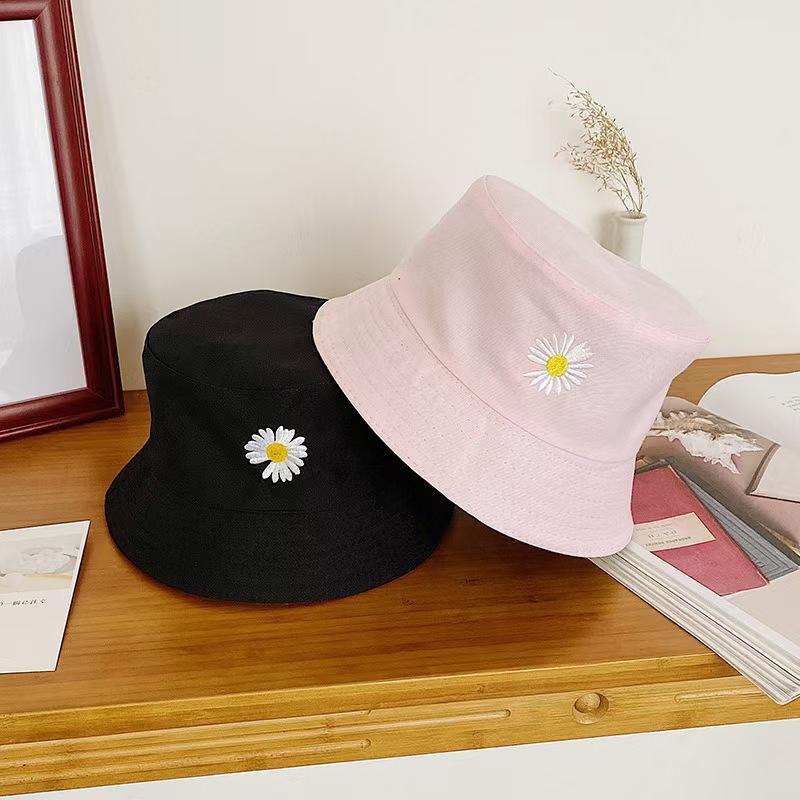 Bucket hat double-sided embroidered logo spring and summer Korean version tide shading big brim sun hat female Japanese smile washbasin hat