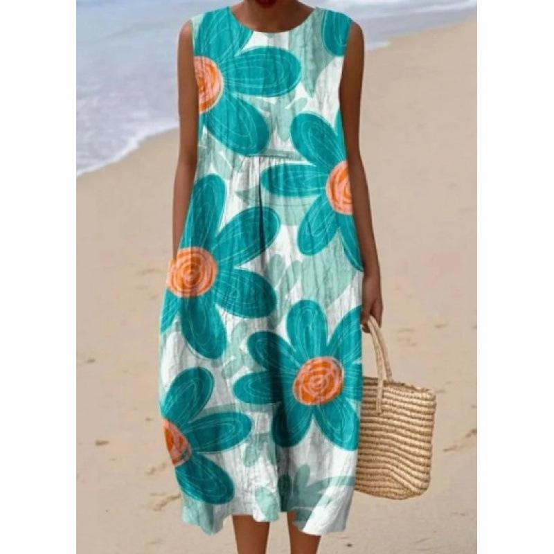 Summer new sleeveless pocket casual printing temperament long dress dress slim dress