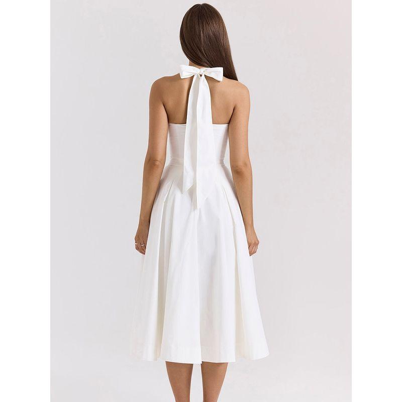 Mercury Crescent House Same Style French style White Deep V-neck Bow Strap Halterneck Skirt Waist Hugging Slimming Dress