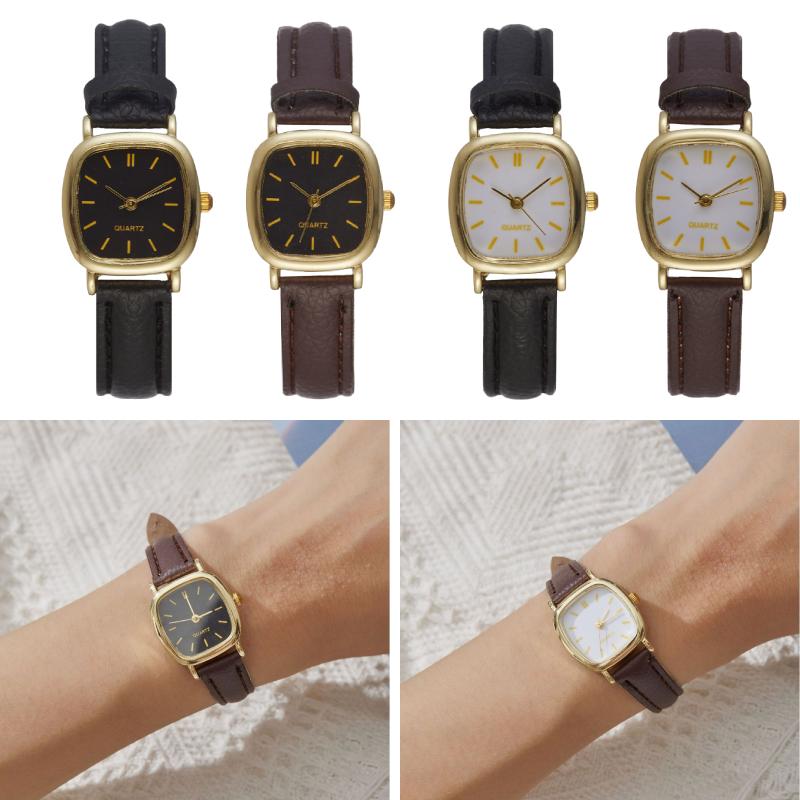 Square Minimalist Quartz Watch Women Petite Wrist Retro Synthetic Leather Strap