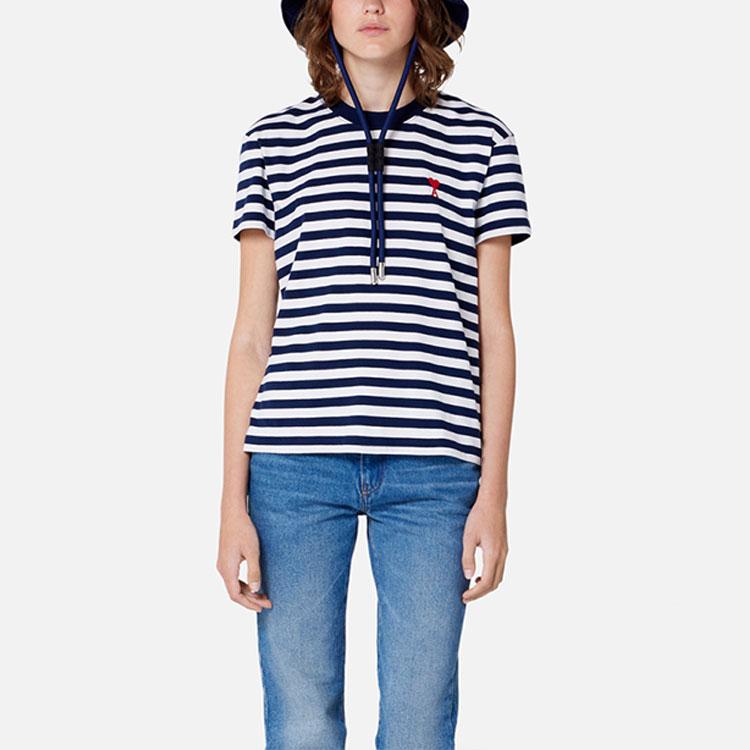Amiparis SS23 Heart Design Cotton Striped Casual Round Neck Short Sleeve T-Shirt Unisex Tops Blue White UTS013074-492