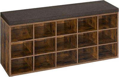 Étagère à chaussures, Banc à chaussures avec siège, Meuble à chaussures avec coussin, 15 compartiments de rangement ouverts, 30 x 105 x 48 cm