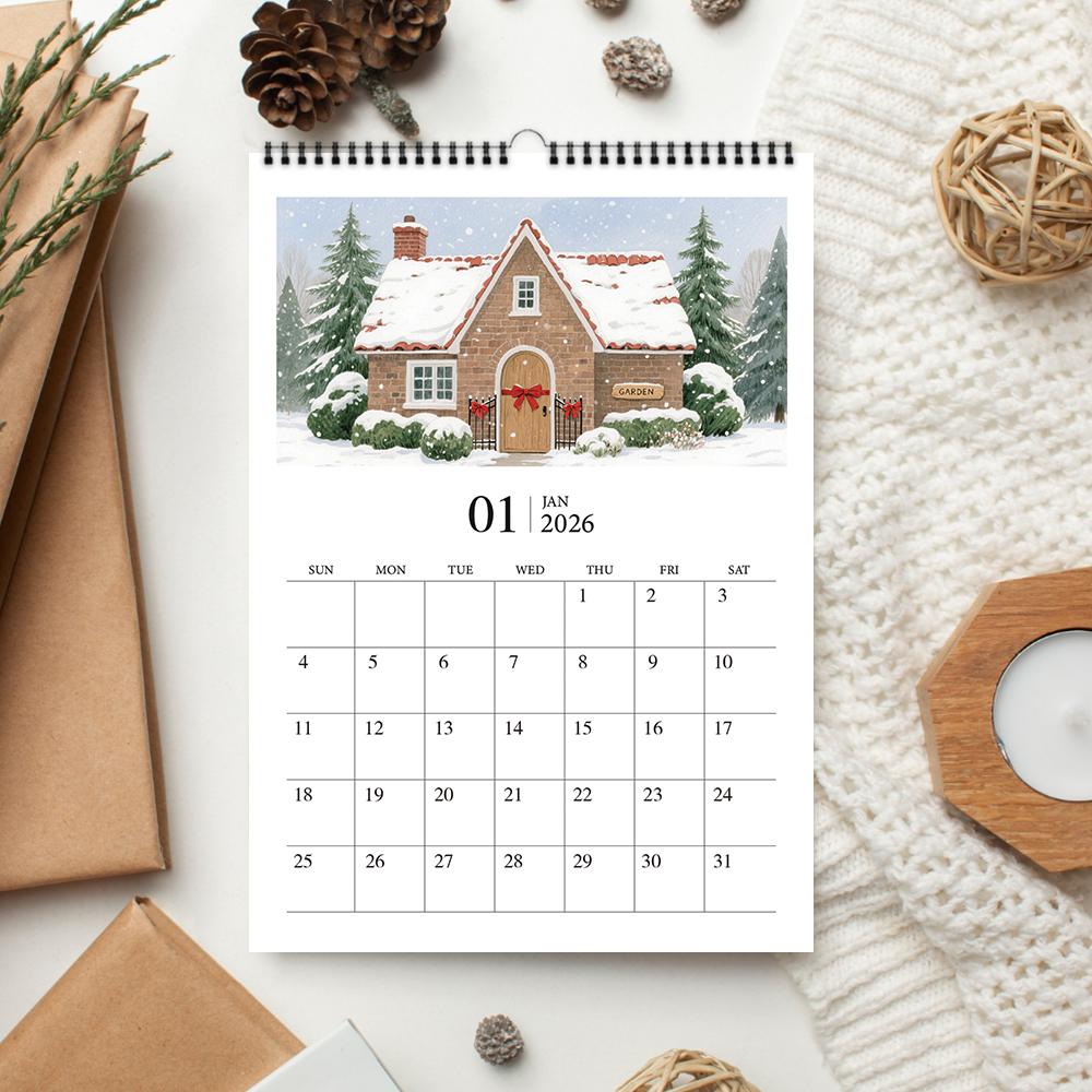 1pc, 2026 Watercolor House Theme Calendar - Cottage, 12 Different Designs, Wall Calendar, Birthday, Christmas, New Year Gift