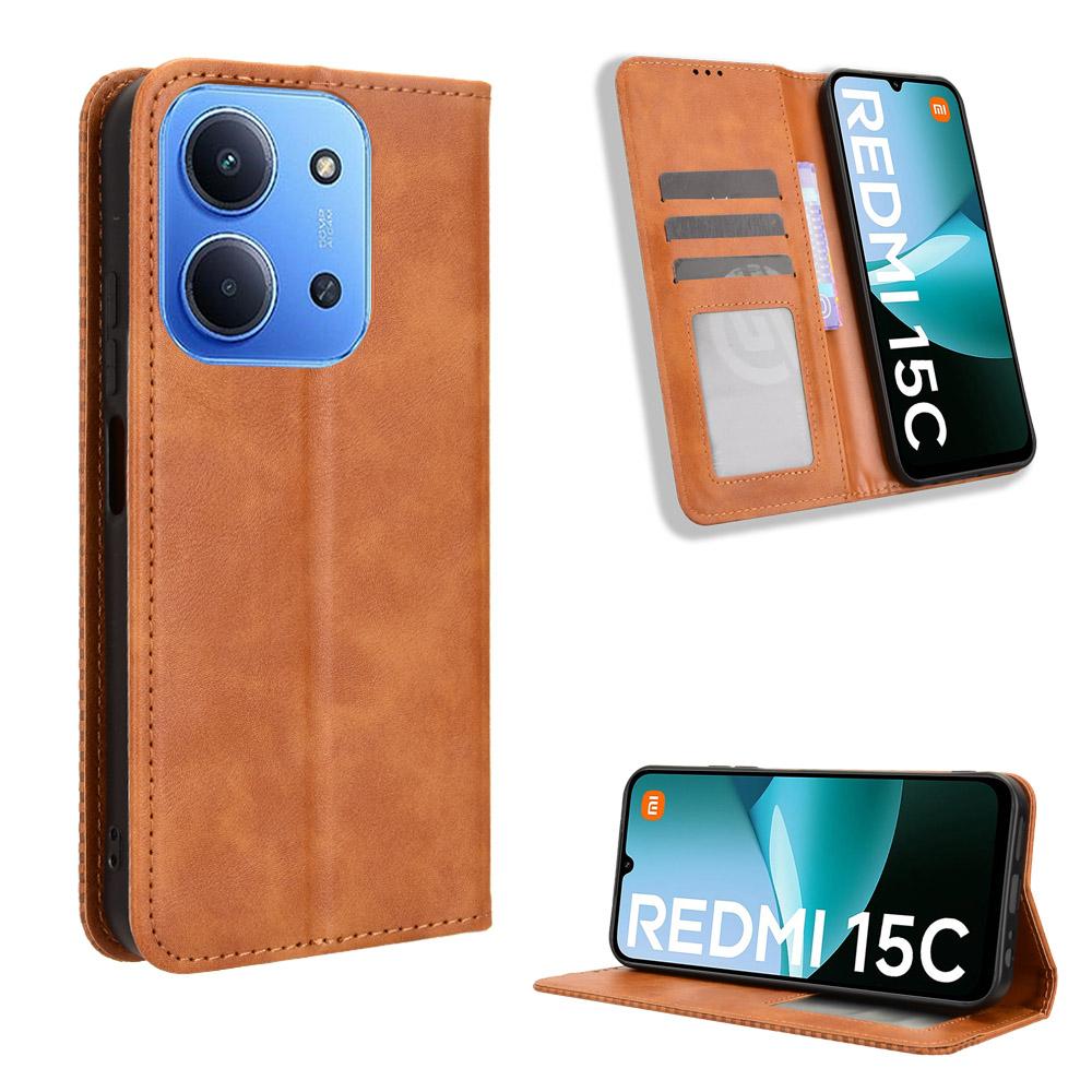 

Для Xiaomi Redmi 15C 4G (171мм) Шкіряний чохол гаманець підставка ретро текстури кришки телефону Brown