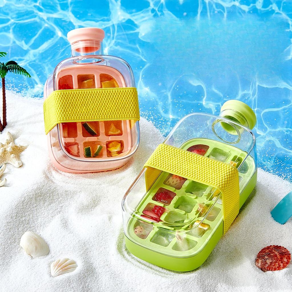 2in1 Ice Tray Water Bottle Portable Silicone Summer Ice Cube Tray With Straw Pressing Mould Ice DrinkBottle Outdoor Beverage Cup