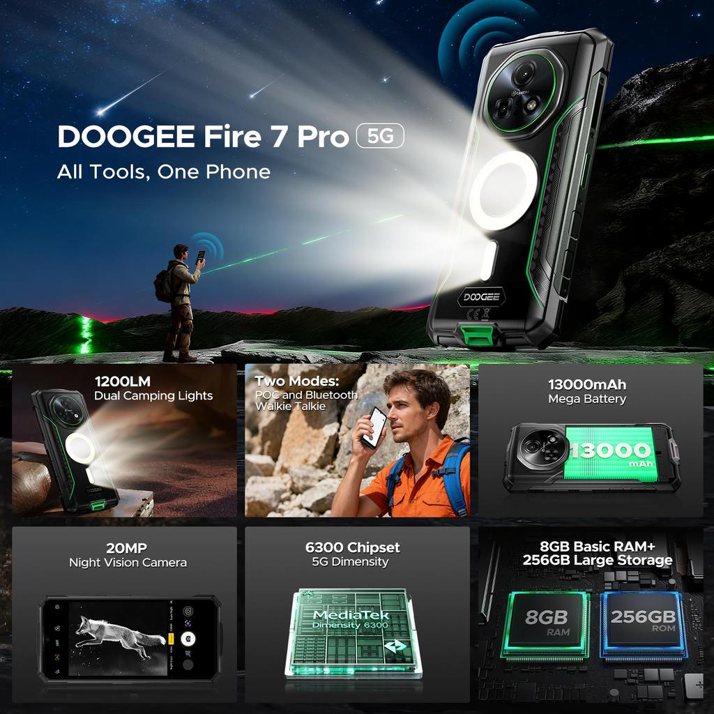 DOOGEE Fire 7 Pro Rugged Phone 5G,POC Intercom Function,Dual Camping Lights,32GB+256GB/2TB, 13000mAh/33W, 6.6" HD+IPS, 64MP+20MP
