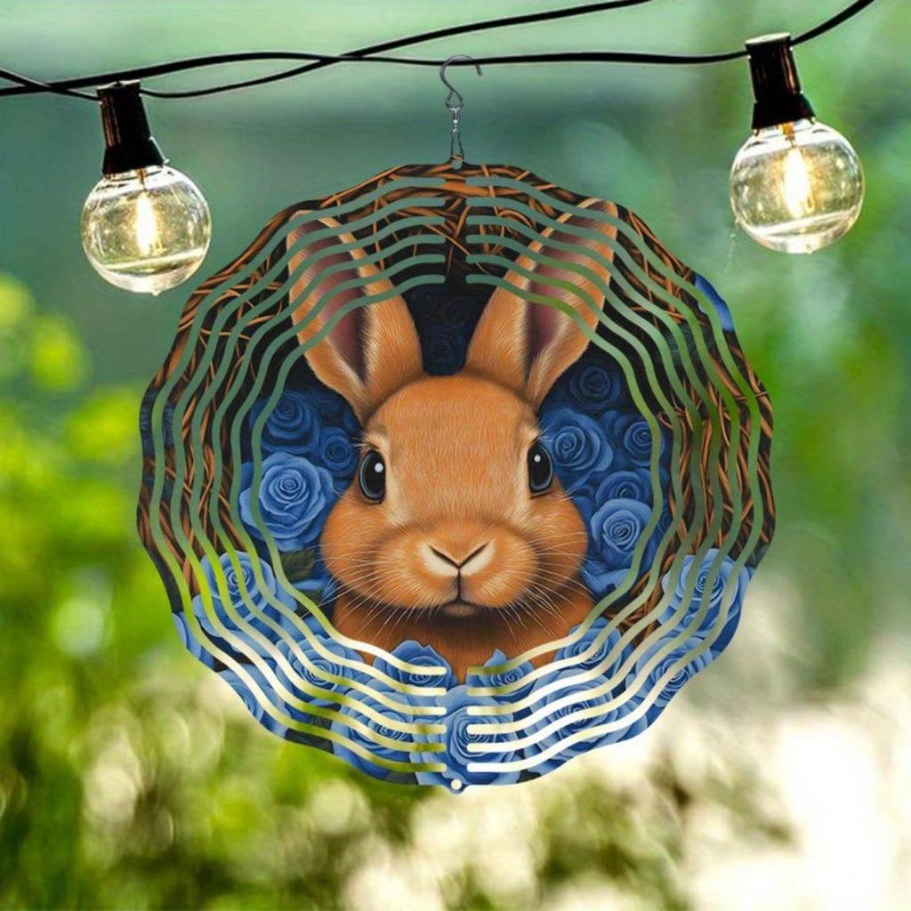 Metal Wind Chime with Blue Rose and Rabbit Design Rotating Hook Durable Garden Art Decor Outdoor Ornament Reflective Spiral Design Easy to Install