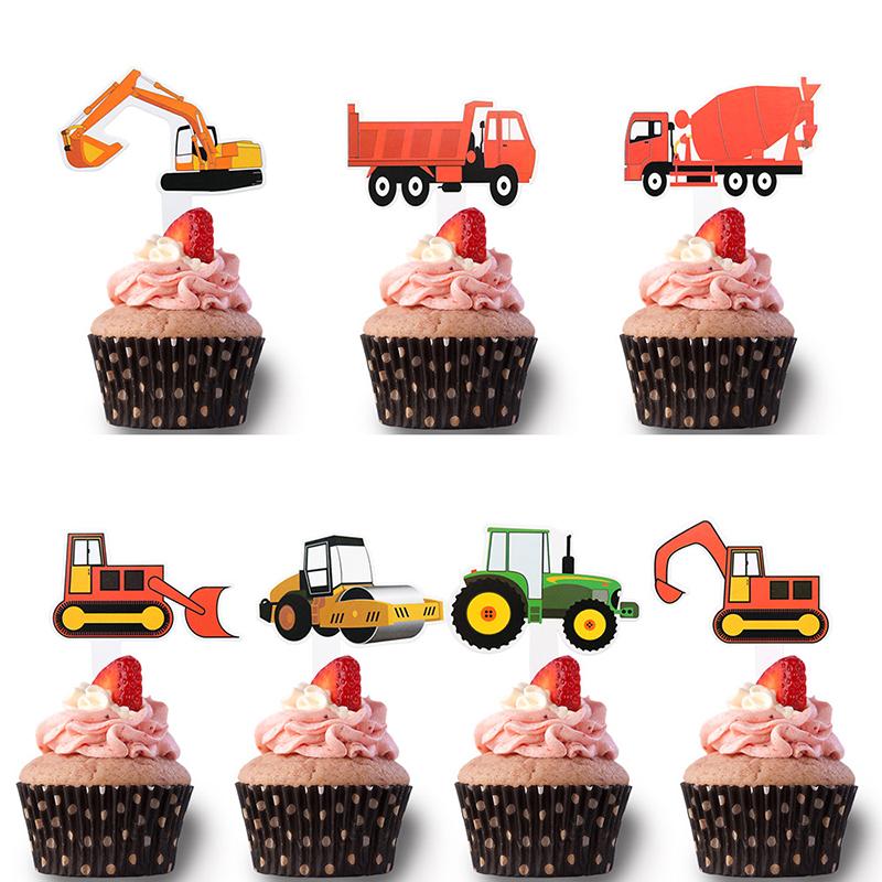 7pcs Truck Car Excavator Tractor Cupcake Topper Boys Favors Birthday Cake Decoration Paper Backing Dessert Insert Party Supply