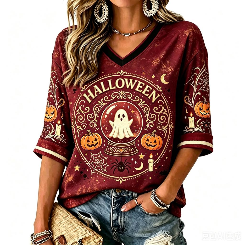 Women's V-Neck Halloween Print T-Shirt Casual Short Sleeve Top for Holiday Party