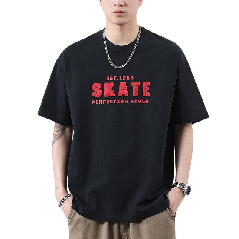 

Летняя американская трикотажная футболка мужская с коротким рукавом, свободного кроя, с принтом высокой плотности 3XL чёрный