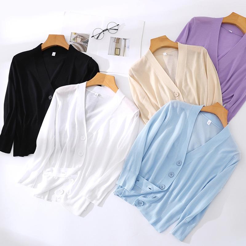 Summer V-neck Ice Silk Knitted Cardigan Shirt Women's Thin Outer Short Coat Long Sleeve Casual Simple Jackets Ladies Solid Color Clothes 3091