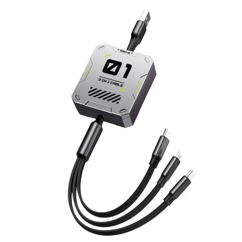 3 In 1 Multi Retractable USB Phone 60w Fast Charging and Data Cable for Lightning/Android/Type-C Devices