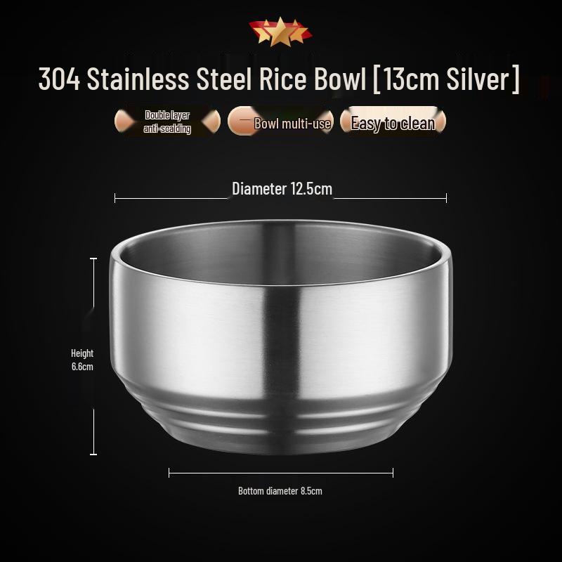 304 Stainless Steel Double-Layer Rice Bowl with Lid - Children's Anti-Scald Insulated Soup & Kimchi Dish, Korean Tableware.