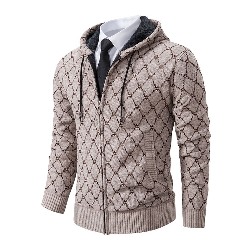 Winter Men's Cardigan Sweater with Thick Velvet and Loose Casual Hooded Knitted Jacket for Outerwear