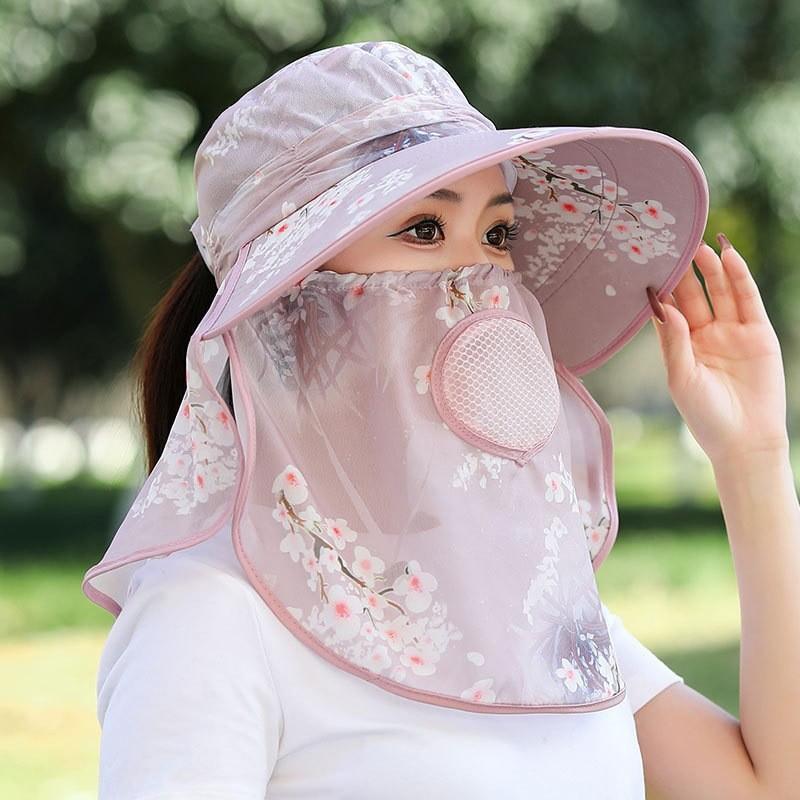 Polyester Chiffon Sun Hat With Face Mask And Neck Cover For Outdoor Gardening Sun Protection