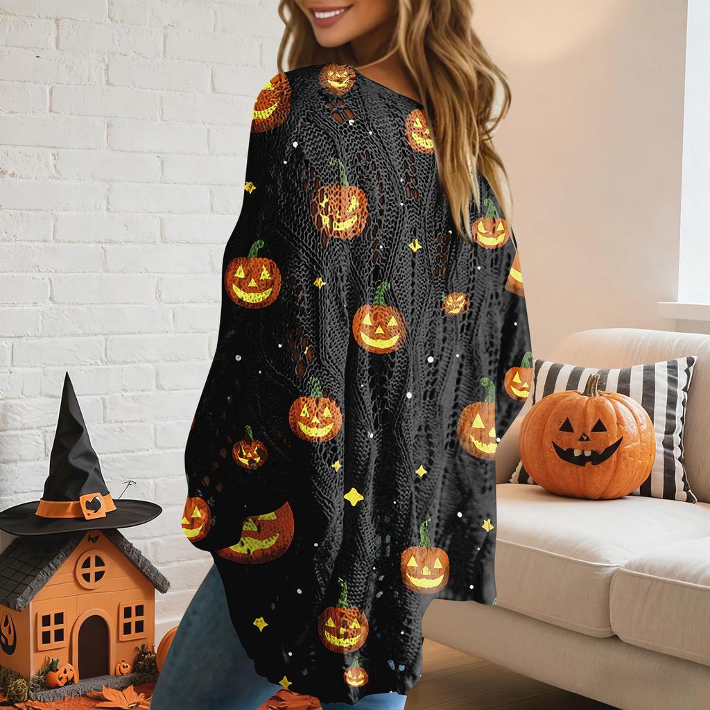 Halloween Crochet Pumpkin Sweater Women, Oversized Pumpkin Knit Pullover,Witch Hat Cozy Fall Sweater