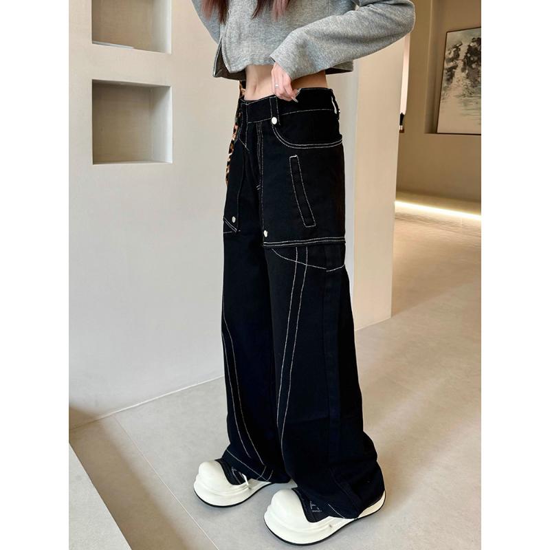 Fashionable Personalized Bright-line Personalized Straight Jeans Women In Spring and Autumn New American Retro Loose Wide-leg Pants