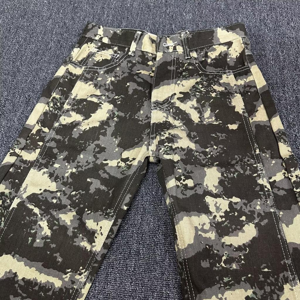 JYL Men's Camo Jeans Vintage Hiphop High-Street Straight Flare Cargo Denim