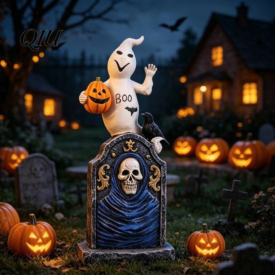 Pumpkin Crow Decor Halloween Tombstone Figurine, Resin Ghost on Dark Style Holiday Figurines Statue for Desktop Haunted House Party Collectible Horror