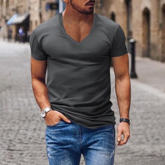 Men T-shirt V-neck Solid Color Sweat Absorption Breathable Extra Soft Dress-up Washable Summer Slim Fit Men Shirt Top for Men