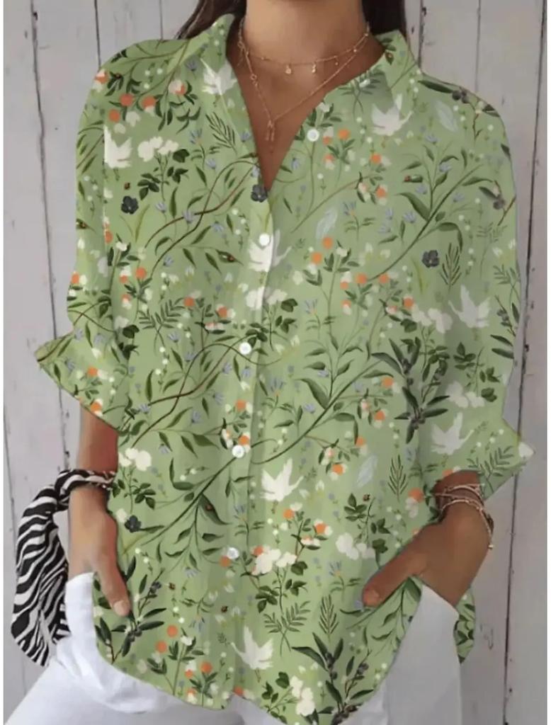 Women Shirts Floral Graphics Blouse Spring Autumn Lapel Neck Blouse Women Long Sleeve Shirts Womens Clothes Female Clothing