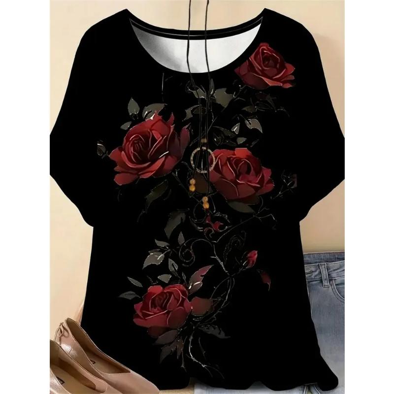 Fashion Women's Crew Neck T-Shirt Crew Neck Short Sleeve 3D Flower Color Printing