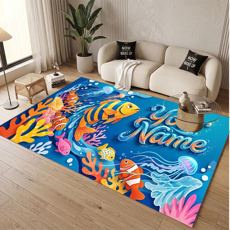 Fish Ocean Theme Soft Crystal Velvet Rug Custom Name & Text Print Non Slip Floor Rug for Bedroom Living Room
