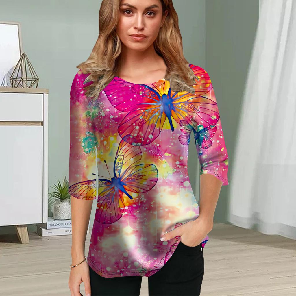 Womens Blouse 3D Big Butterfly Printing Flower Half Sleeve Tops Summer Casual Tops Printed Round Neck Half Sleeve T Shirt