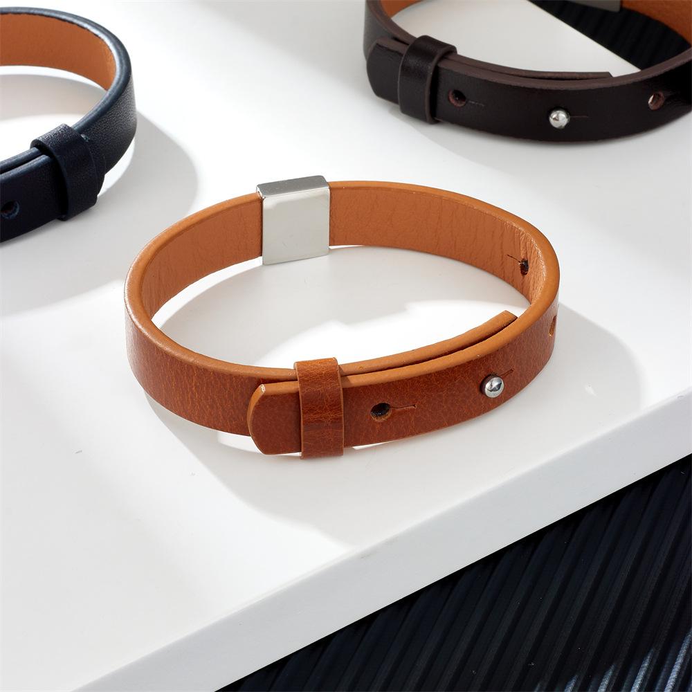Men'S And Women'S Genuine Leather Bracelet, Simple Stainless Steel Smooth Surface Lettering Cowhide Bracelet Diy Leather Bracelet