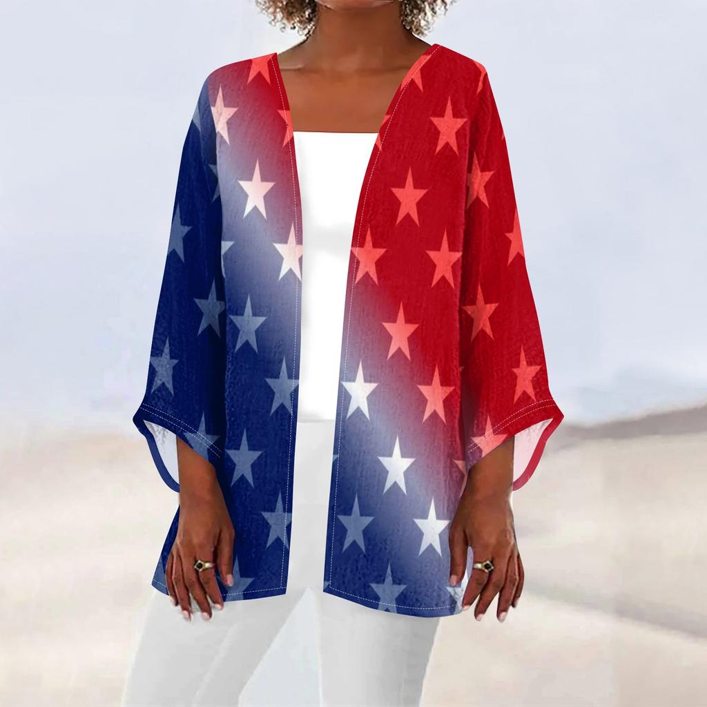 Women's Casual Fashion Caot Independence Day Print Lightweight Medium Length Jacket Cardigan