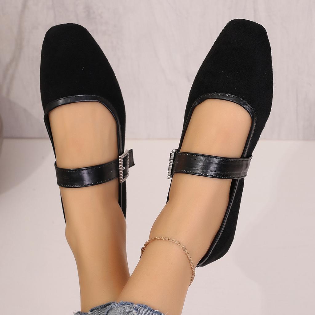 Women's Retro Suede Elegant Square Toe Pumps Flat Heel Single Shoes Women's Fall One Line Strap Low Heel Mary Jane Shoes