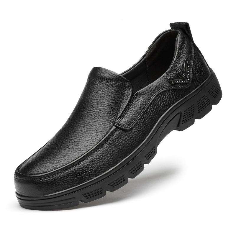 Spring and Autumn cowhide wide feet round head shallow mouth large size foot cover men's shoes outdoor casual leather shoes rubber non-slip sole