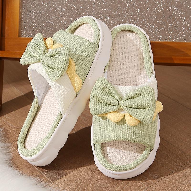 New Bow-tie Linen Slippers Women's Non-slip Indoor Home Cute Couple Cotton and Linen Thick Bottom Sandals Summer