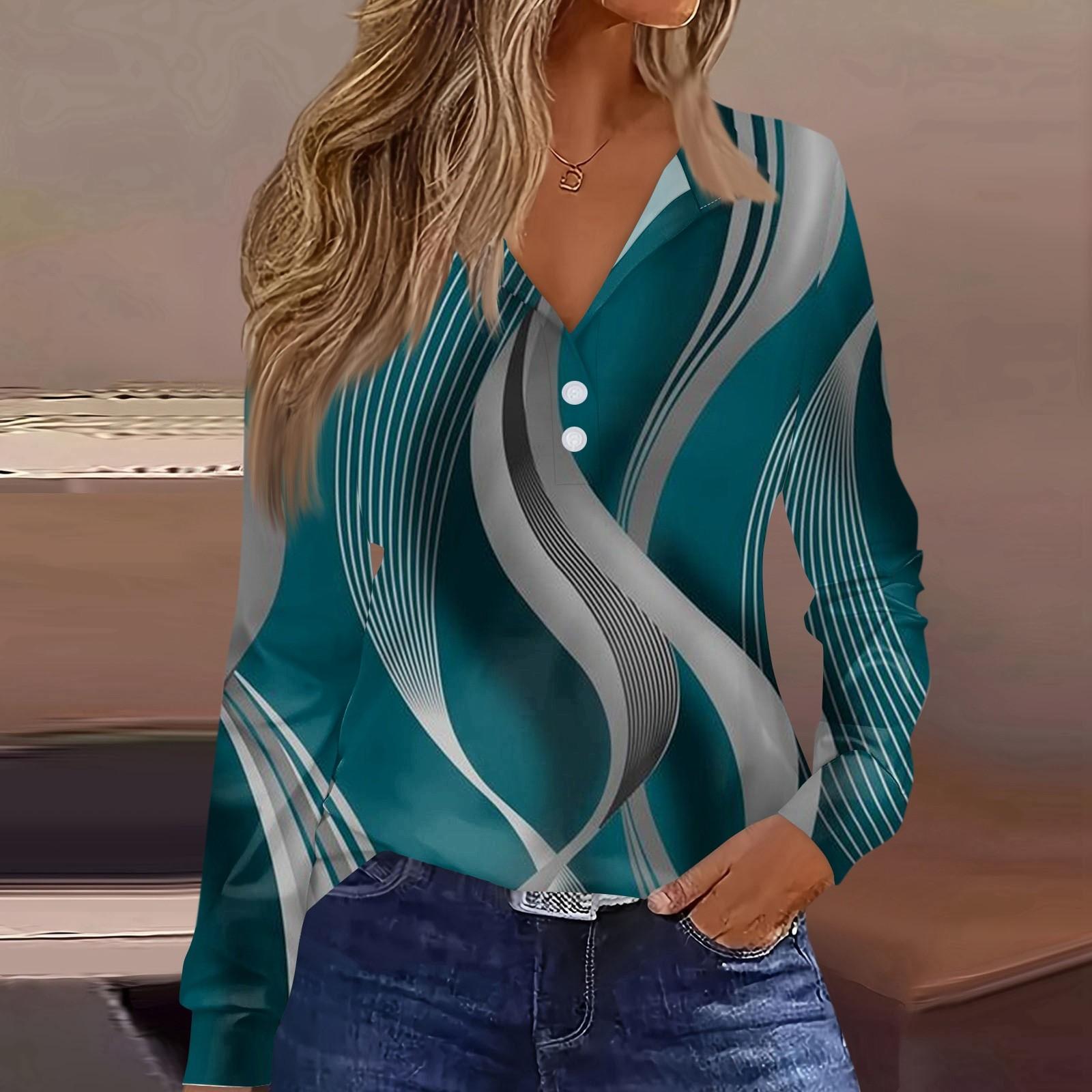 

Женская футболка Футболка Сплошной цвет на пуговицах с длинным рукавом Повседневные Выходные Мода Классический топ с отворотом и v-образным вырезом Обычный топ XXL бирюзовый