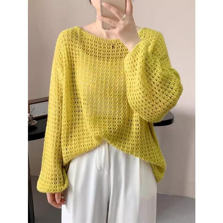 

Весна и лето корейский свободный длинный рукав солнцезащитный топ ленивый стиль ажурный трикотажный чехол для женщин L жёлтый