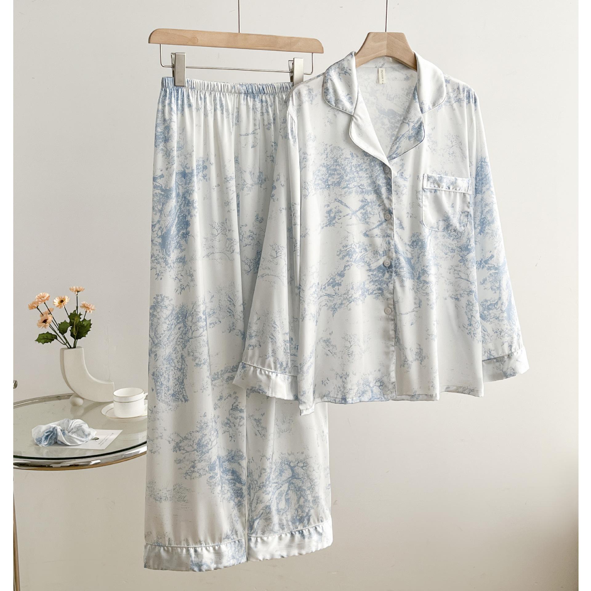 

Длинные рукава атласная пижама весна осень интимная одежда для сна сексуальный принт лацкан кардиган брюки ночная одежда комплект из двух предметов домашняя одежда XL