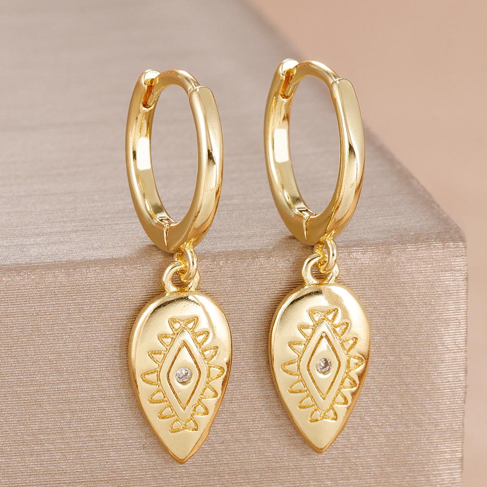 

2PCS Fashion Stainless Steel Leaf Evil Eye Dangle Earrings For Women 14K Gold Plated Zircon Wedding Cartilage Piercing Jewelry