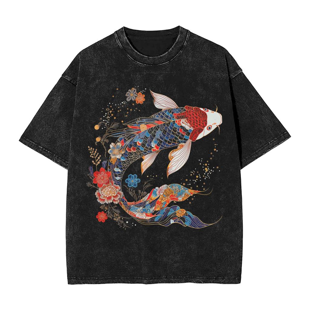 Koi Karpfen Fisch Japanische T-Shirts Gewaschen Kurzarm Harajuku T-Shirts Vintage Herren Damen Streetwear Bedrucktes T-Shirt