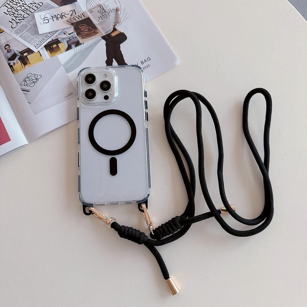 For Apple 16 ProMax Color Contrasting Anti Slip Edge Case for IPhone 15 Strong Magnetic 14 Hanging Rope Phone Case