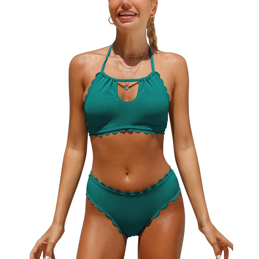 CHARMLEAKS Women's Two Piece Bikini Set Halter Neck Padded Wavy Edge Hollow Out Swimsuit Solid Swimmingwear