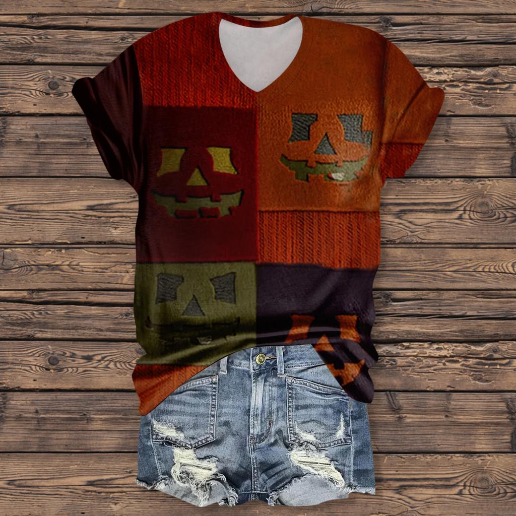 Women's Fashion Casual Three-quarter Sleeve Halloween Letters,  Face Print Top