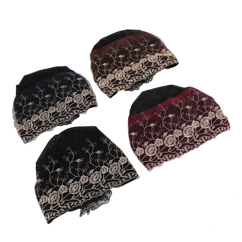 4 Pcs Women Muslim Inner Hijab Cap Black Wine Red Navy Blue Coffee Color Lace Cotton Embroidered Und