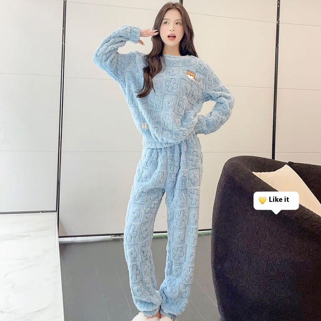 Autumn and Winter Women's Pajamas Home Clothing Set Women's Coral Velvet Thick Warm Clothing Winter Warm Pajamas Home Clothing Set