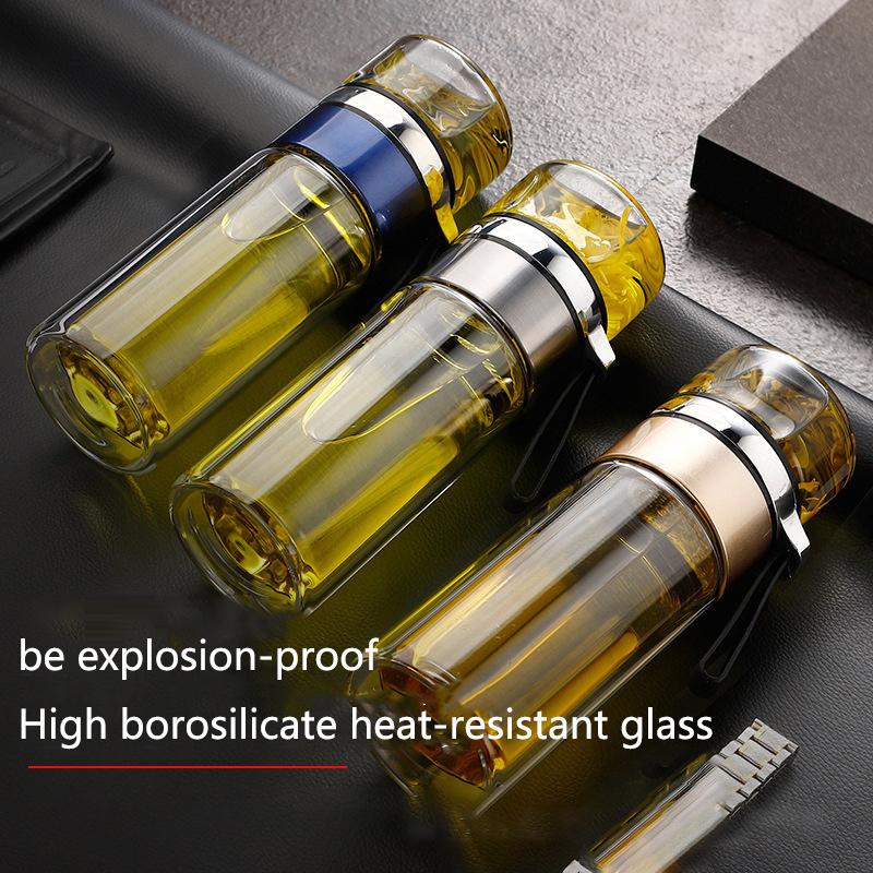 Skleněná láhev s čajovým sítkem, nepropustný cestovní hrnek, dvoustěnný čajový šálek, přenosná láhev na vodu se sítkem, láhev na čaj s oddělením vody
