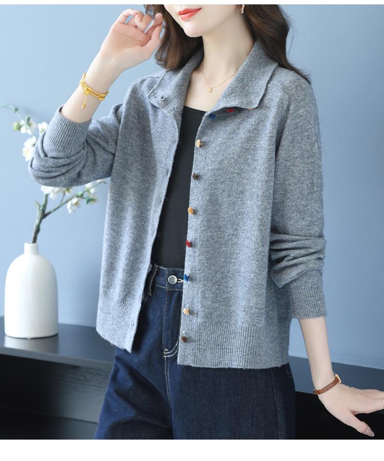 100% Reine Wolle Umlegekragen Damen Strick-Cardigan - Herbstmode Kurze Jacke