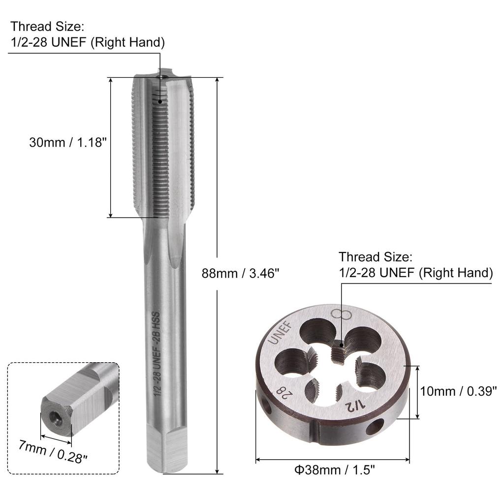 uxcell 3-Piece Tap & Die Set, 1/2-28 UNEF Thread Tap & Round Die, Tapping Threading Tool Tap & Die Kit for Nuts, Screws, Bolts, and Thread Repair