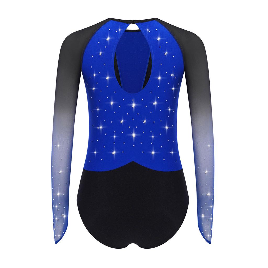 Kids Girls Gymnastics Dance Performance Costume Round Neck Sheer Mesh Long Sleeves Keyhole Back Shiny Rhinestones Color Block Leotard