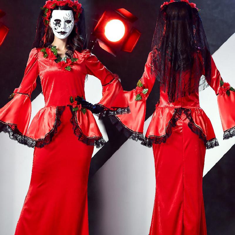 Scary Ghost Costume For Halloween Zombie Bride Retro Red Dress Cosplay