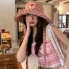 Love Patch Strap Fisherman Hat Sweet Checked Fisherman Hat Large Brim UV Foldable