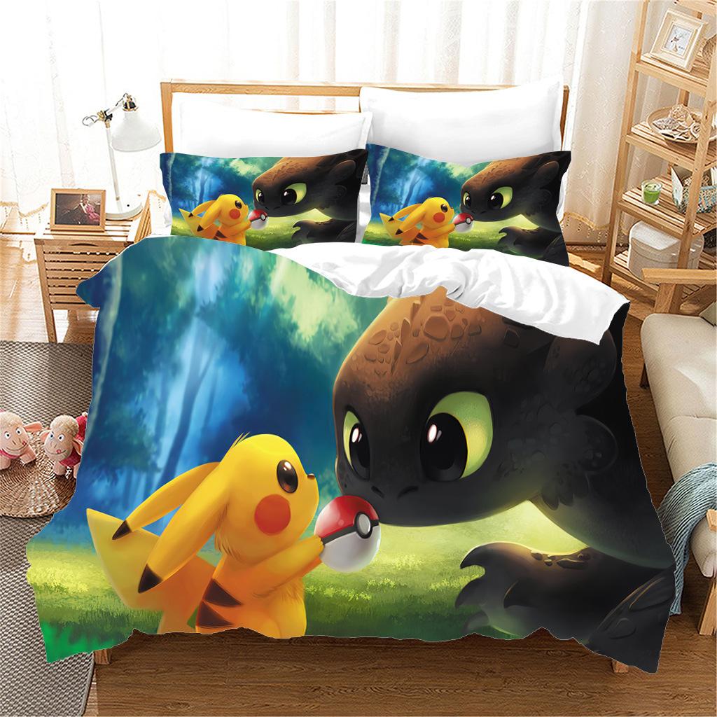 Anime P-Pokémon Printed Bedding Set New Ash Ketchum Pikachu Duvet Cover Comforter Pillowcase Boys Girls Children Adults King Gif